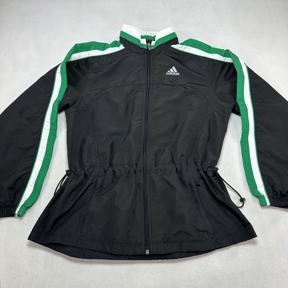 Adidas Jacket Womens Medium Black Green Stripe Full Zip Windbreaker Running